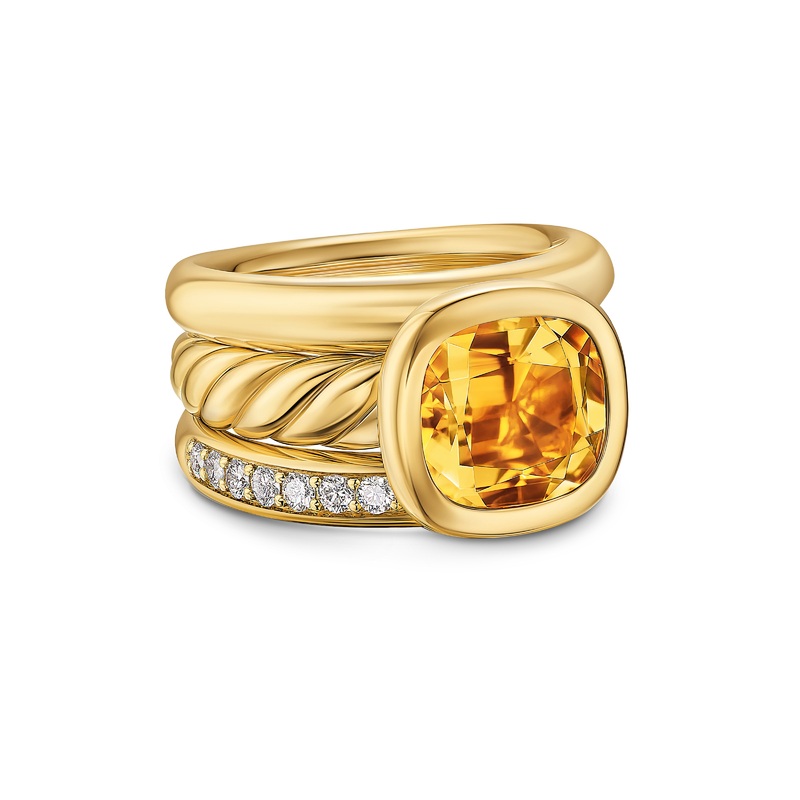 DY Mercer Three Row Stone Ring in 18K Yellow Gold with Citrine and Diamonds, 12mm