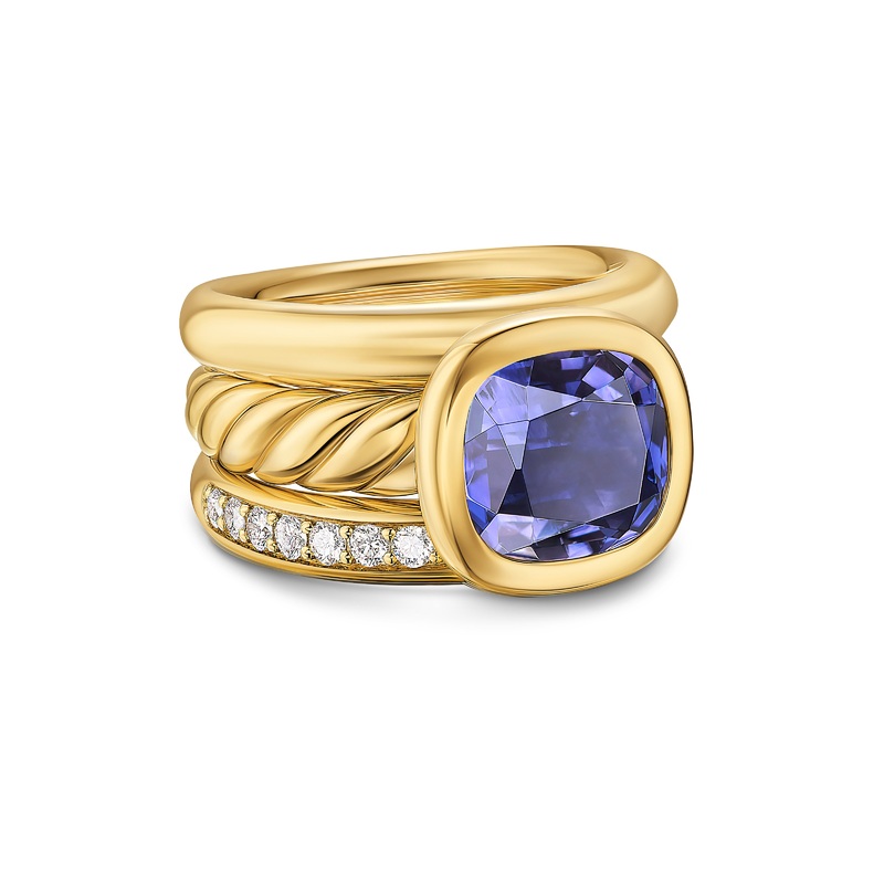 DY Mercer Three Row Stone Ring in 18K Yellow Gold with Iolite and Diamonds, 12mm