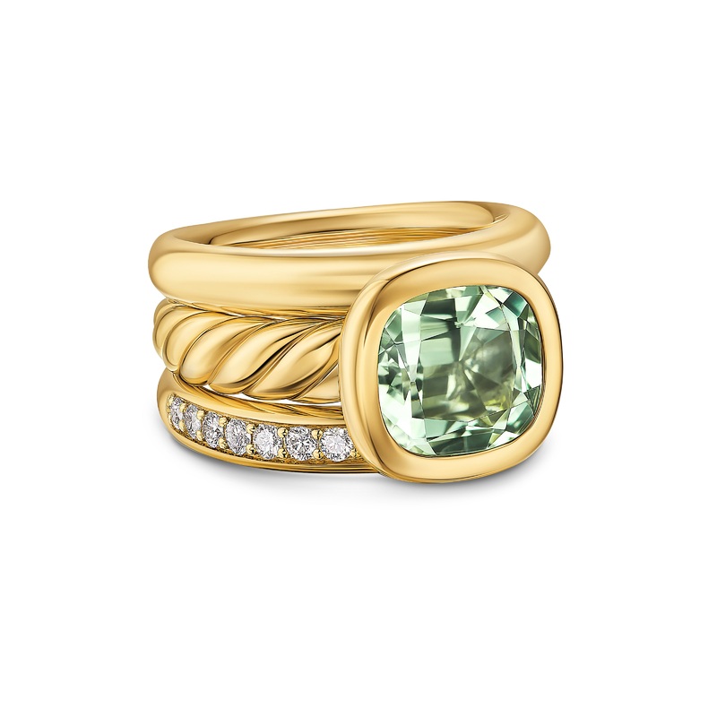 DY Mercer Three Row Stone Ring in 18K Yellow Gold with Prasiolite and Diamonds, 12mm
