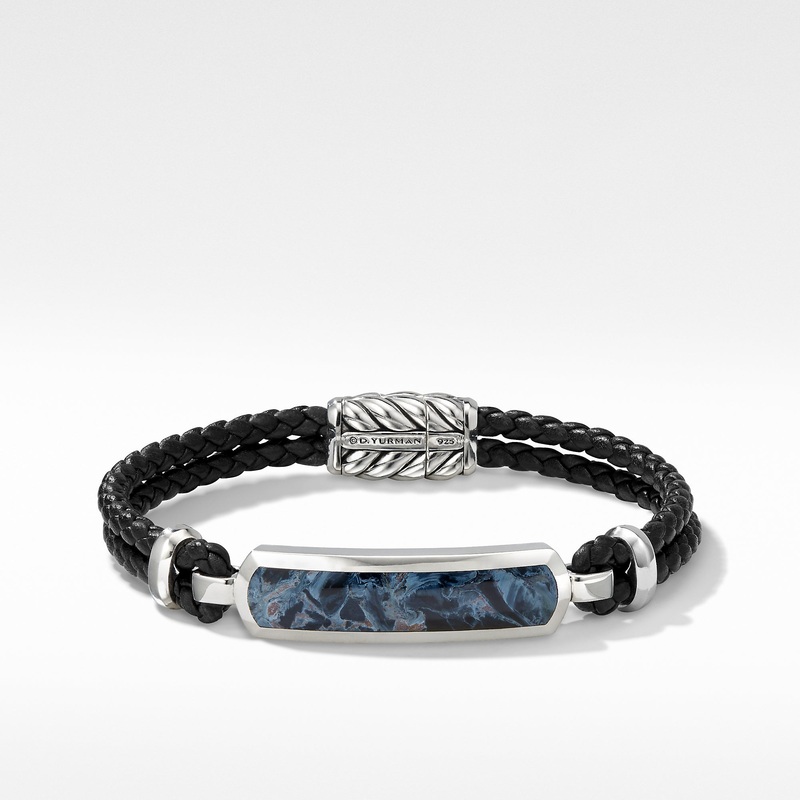 Exotic Stone Bar Station Black Leather Bracelet with Pietersite