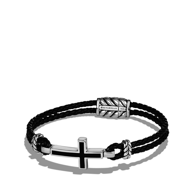 Exotic Stone Cross Black Leather Bracelet with Black Onyx