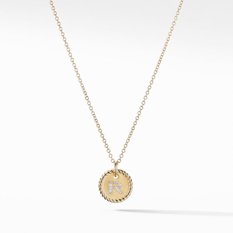 R Initial Charm Necklace in 18K Yellow Gold with Pave Diamonds