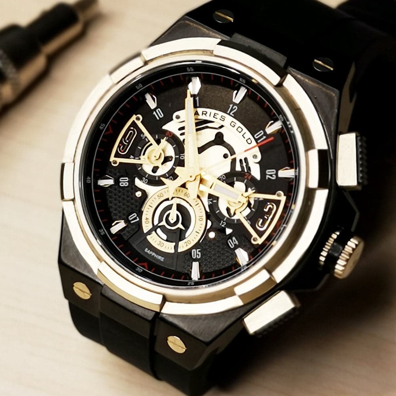 ARIES GOLD CHRONOGRAPH BLACK HIGH-TECH SILICON STRAP MEN WATCH G 7016 BKG-BKG