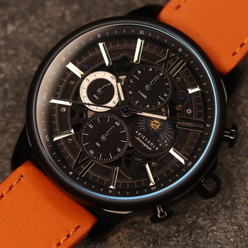 ARIES GOLD BELFAST MOON G 7013 BK-BK MEN’S LEATHER WATCH