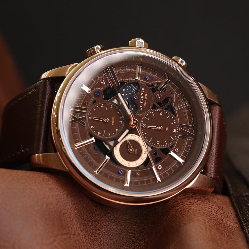 ARIES GOLD BELFAST MOON G 7013 RG-CF MEN’S LEATHER WATCH