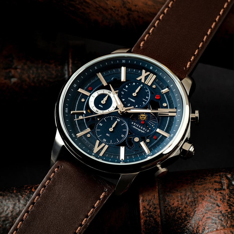 ARIES GOLD BELFAST MOON G 7013 S-BU MEN’S LEATHER WATCH