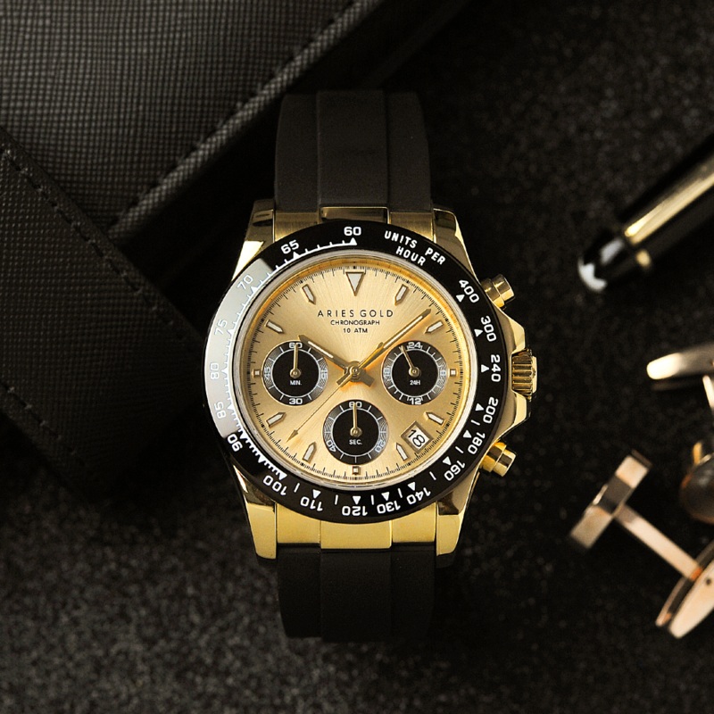 Aries Gold Chronograph Black Silicone Strap Men Watch – G 7024A Series