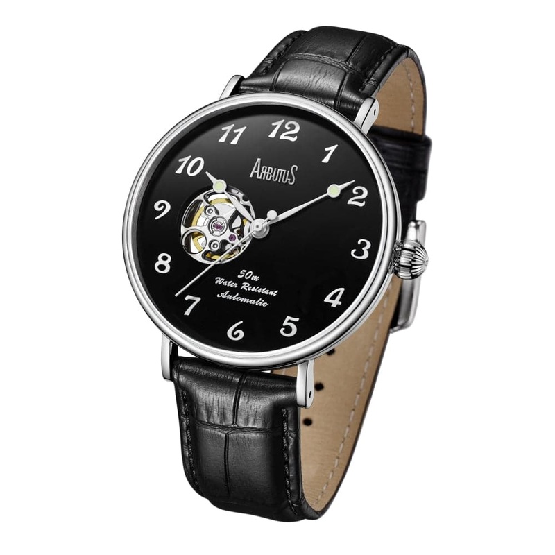 ARBUTUS AR1805SBB 9 O’CLOCK OPEN HEART BLACK MENS WATCH