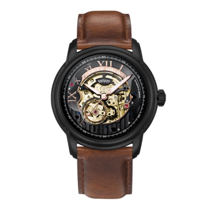 ARIES GOLD AUTOMATIC INFINUM EL TORO GOLD STAINLESS STEEL G 9005G BK-BK BROWN LEATHER STRAP MEN’S WATCH