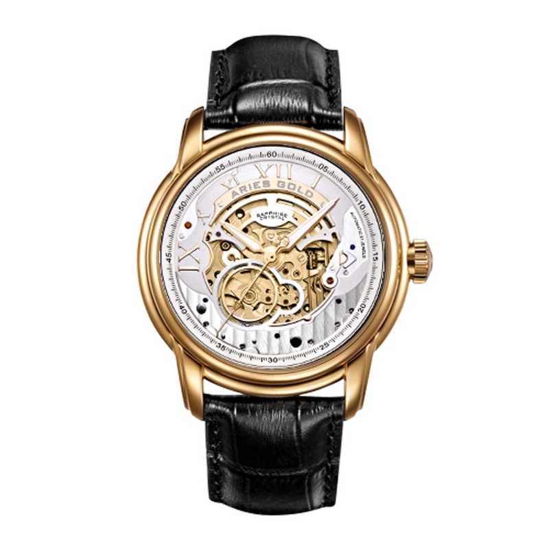 ARIES GOLD AUTOMATIC INFINUM EL TORO GOLD STAINLESS STEEL G 9005G G-S BLACK LEATHER STRAP MEN’S WATCH