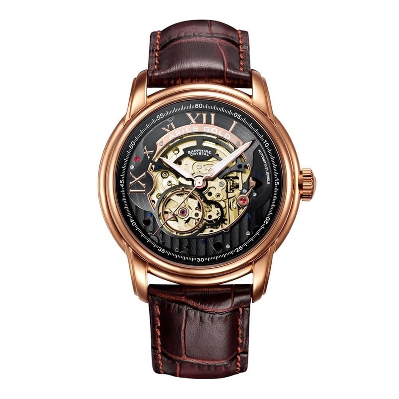 ARIES GOLD AUTOMATIC INFINUM EL TORO GOLD STAINLESS STEEL G 9005G RG-BK BROWN LEATHER STRAP MEN’S WATCH