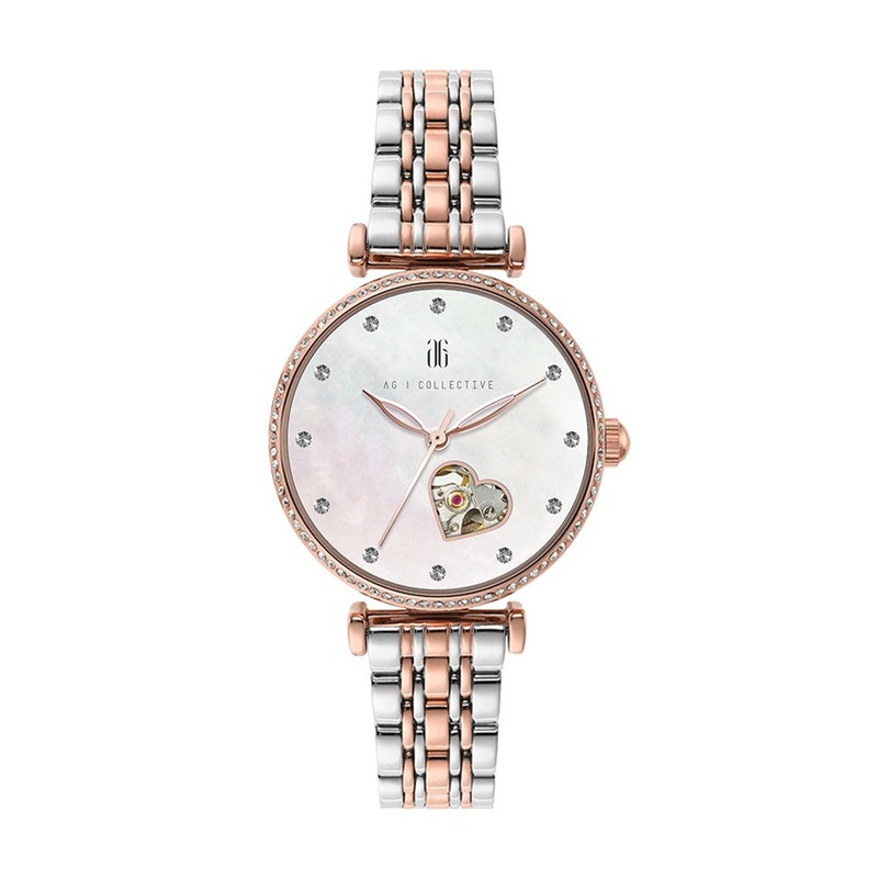 AG Collective L 5043 Series Open Heart With 12 Stones Stainless Steel Strap Women Watch