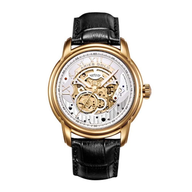 ARIES GOLD AUTOMATIC INFINUM EL TORO GOLD STAINLESS STEEL G 9005 G-S BLACK LEATHER STRAP MEN’S WATCH