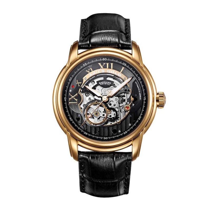 ARIES GOLD AUTOMATIC INFINUM EL TORO GOLD STAINLESS STEEL G 9005A G-BK BLACK LEATHER STRAP MEN’S WATCH