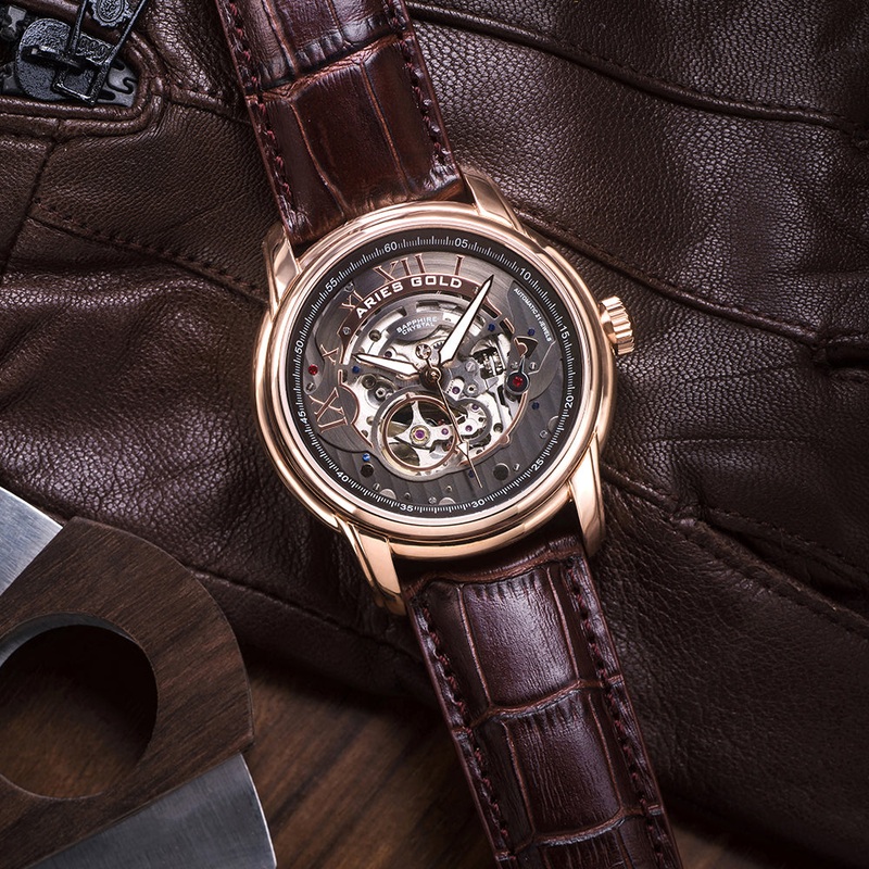 ARIES GOLD AUTOMATIC INFINUM EL TORO GOLD STAINLESS STEEL G 9005A RG-BK BROWN LEATHER STRAP MEN’S WATCH