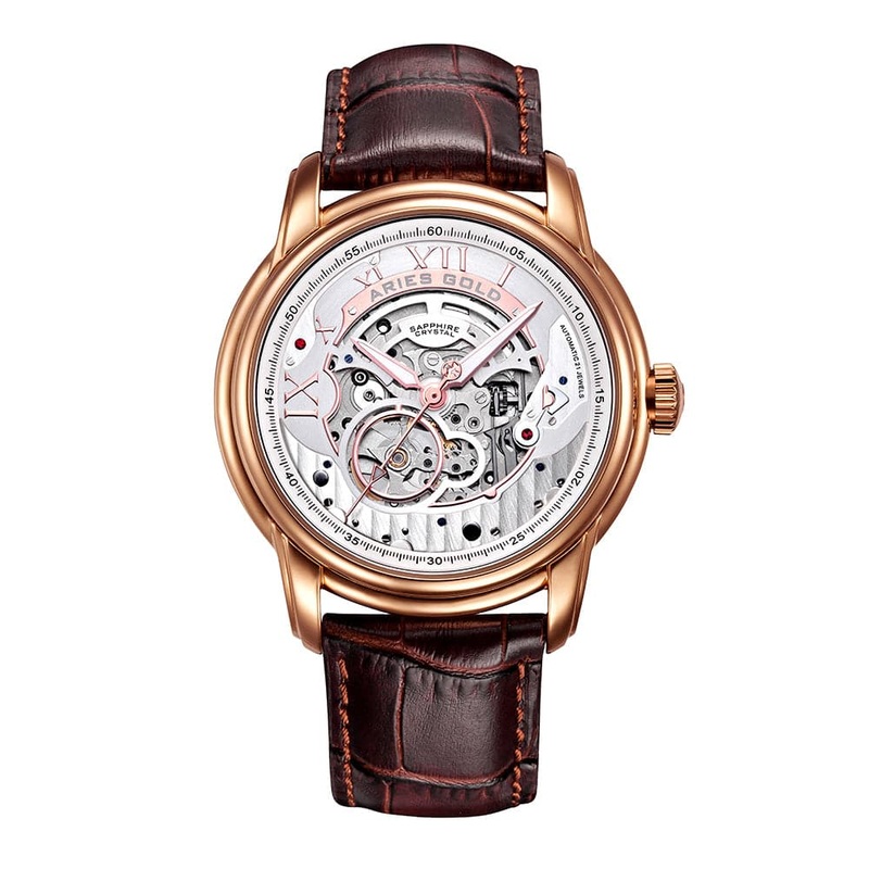 ARIES GOLD AUTOMATIC INFINUM EL TORO ROSE GOLD STAINLESS STEEL G 9005G RG-S BROWN LEATHER STRAP MEN’S WATCH