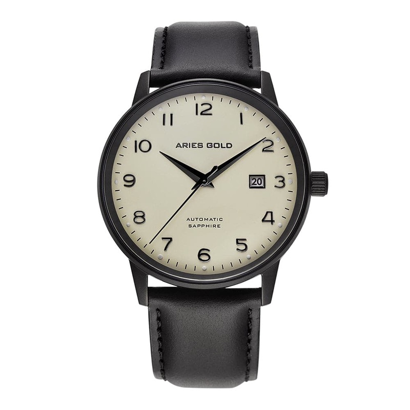 ARIES GOLD AUTOMATIC INFINUM ODYSSEY BLACK STAINLESS STEEL G 9010 BK-BEI LEATHER STRAP MEN’S WATCH