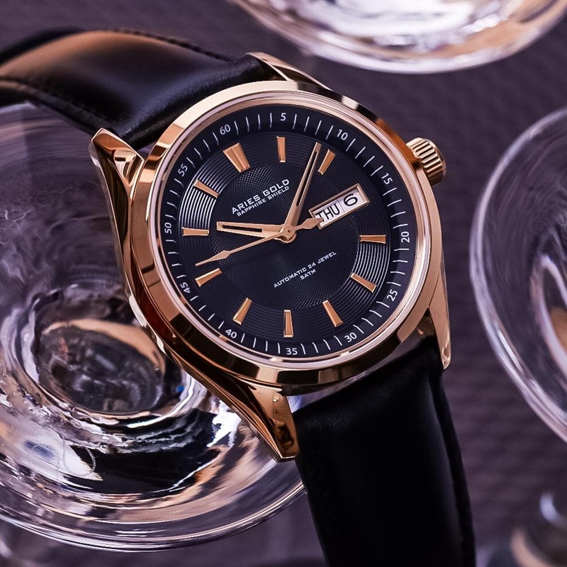 ARIES GOLD AUTOMATIC INFINUM PRESIDENT GOLD STAINLESS STEEL G 9004 G-BK BLACK LEATHER STRAP MEN’S WATCH