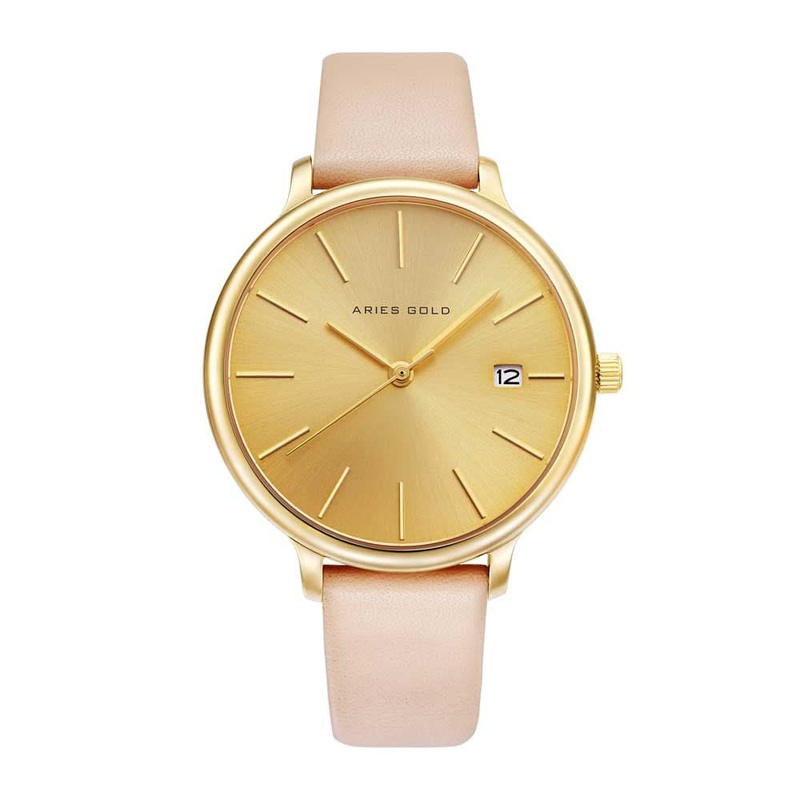 ARIES GOLD ENCHANT FLEUR GOLD STAINLESS STEEL L 5035 G-G LEATHER STRAP WOMEN’S WATCH