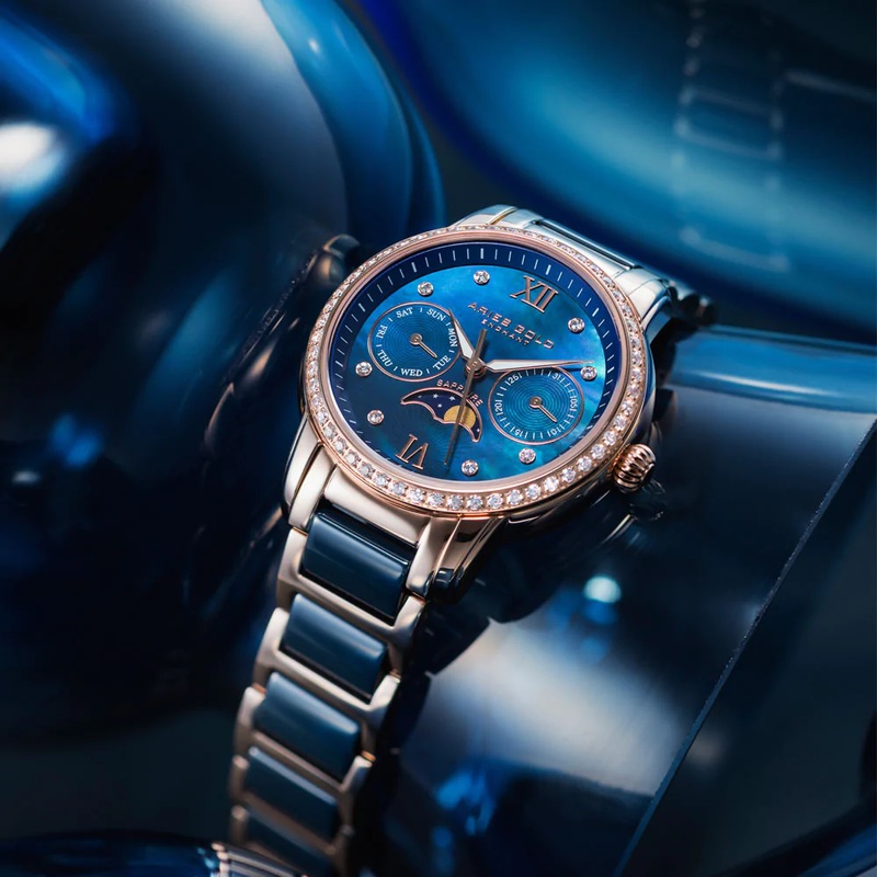 ARIES GOLD ENCHANT LUNA ROSE GOLD STAINLESS STEEL L 58010L RG-BUMP BLUE CERAMIC WOMEN’S WATCH