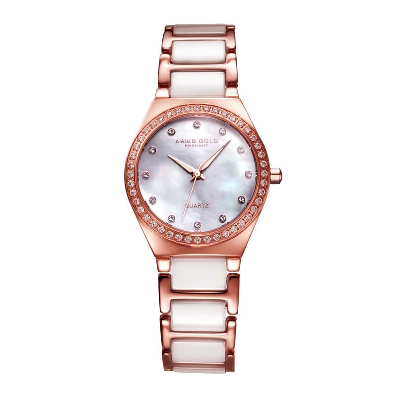 ARIES GOLD ENCHANT ROSE GOLD STAINLESS STEEL L 5014Z RG-MOP WHITE CERAMIC WOMEN’S WATCH
