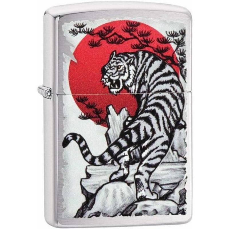 ZIPPO #29889 BRUSH CHROME ASIAN TIGER DESIGN WINDPROOF LIGHTER