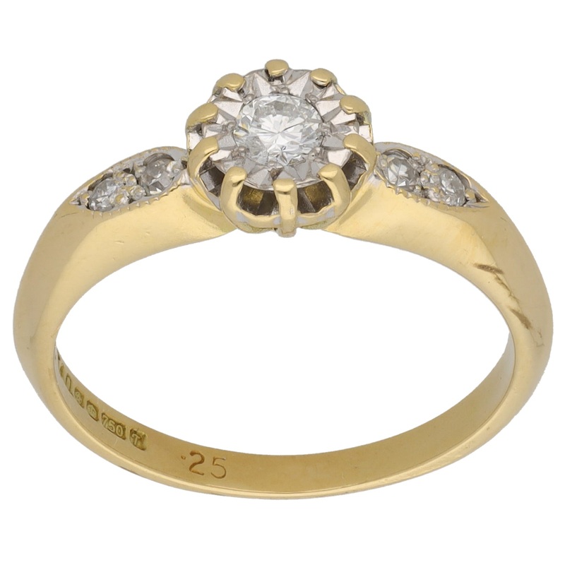 18ct Gold 0.25ct Diamond Solitaire Ring With Accent Stones Size P
