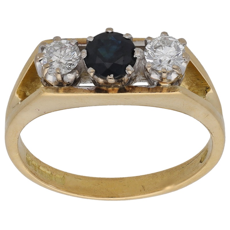 18ct Gold Sapphire & 0.40ct Diamond Three Stone Ring Size M