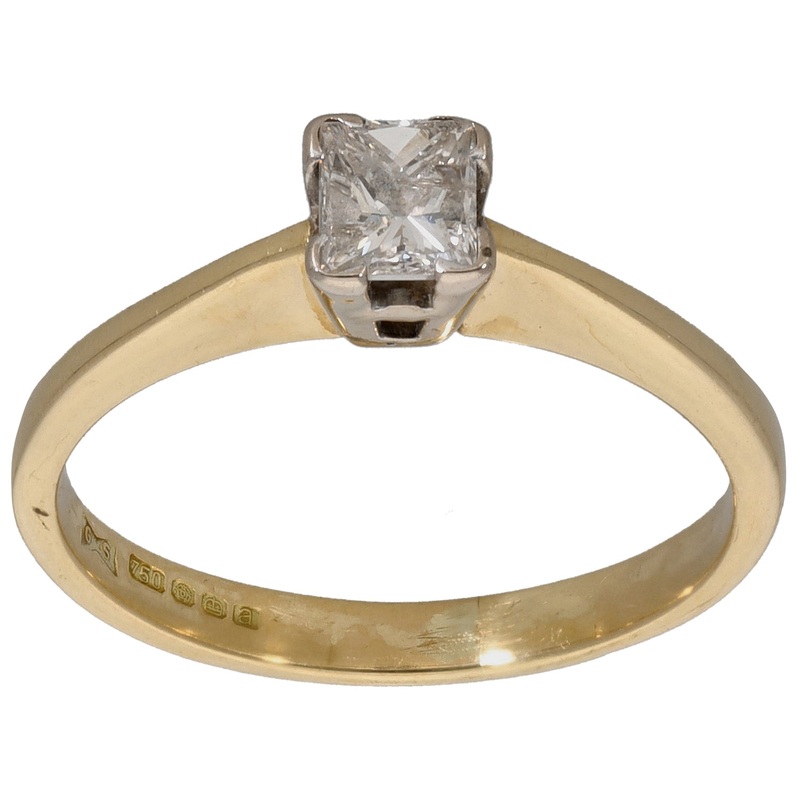 18ct Gold 0.30ct Square Diamond Solitaire Ring Size M