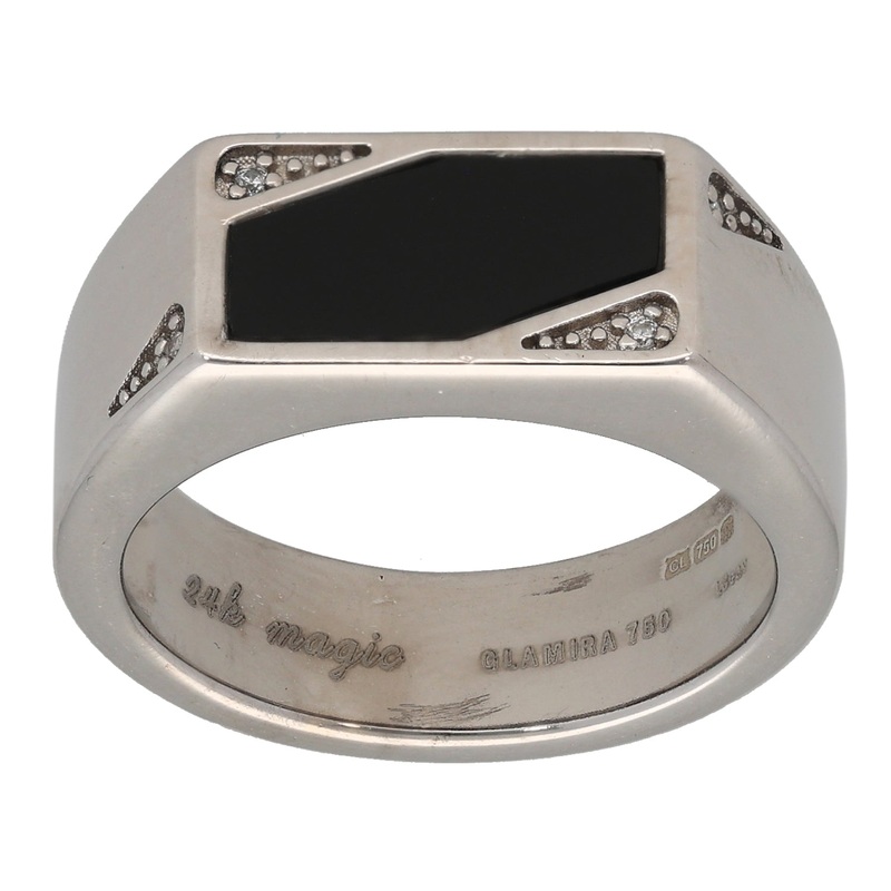 18ct White Gold Onyx & Cubic Zirconia Patterned Signet Ring Size Q