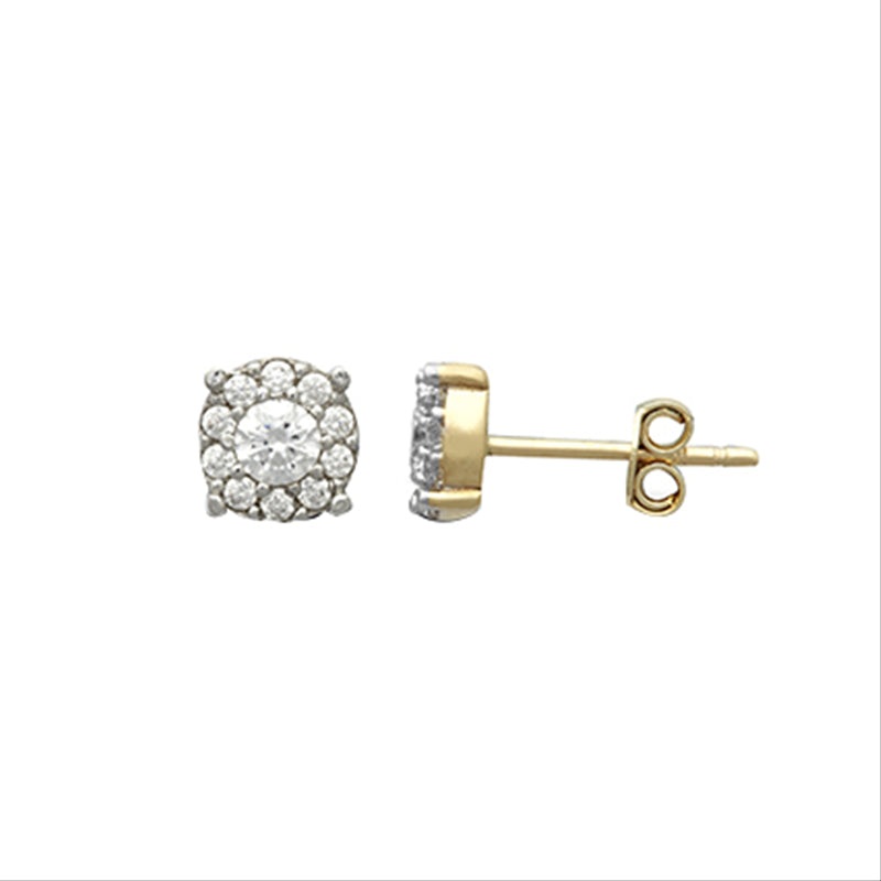 New 9ct Gold Halo Illusion Cubic Zirconia Stud Earrings