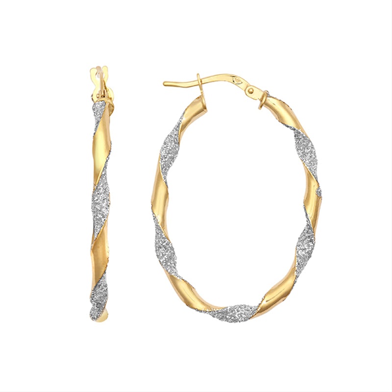 New 9ct Gold Oval Glitter Twist Hoop Earrings