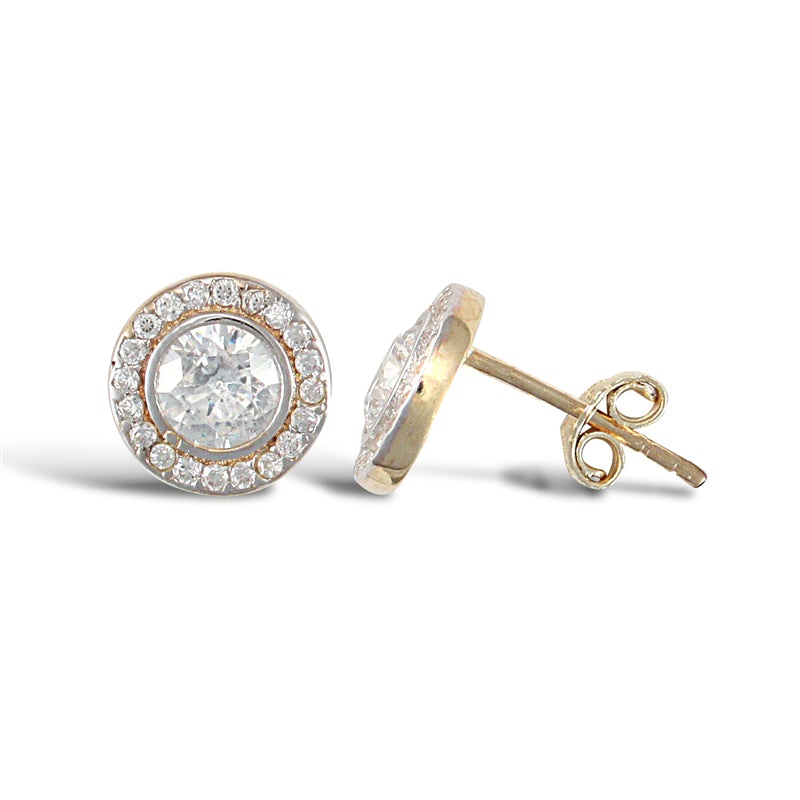 New 9ct Gold Round Cubic Zirconia Halo Stud Earrings