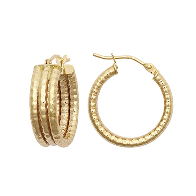 New 9ct Gold Three Row Ribbed Hoop Earrings