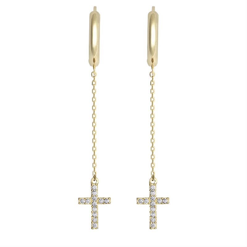 New 9ct Gold Hoop & Cubic Zirconia Cross Drop Earrings