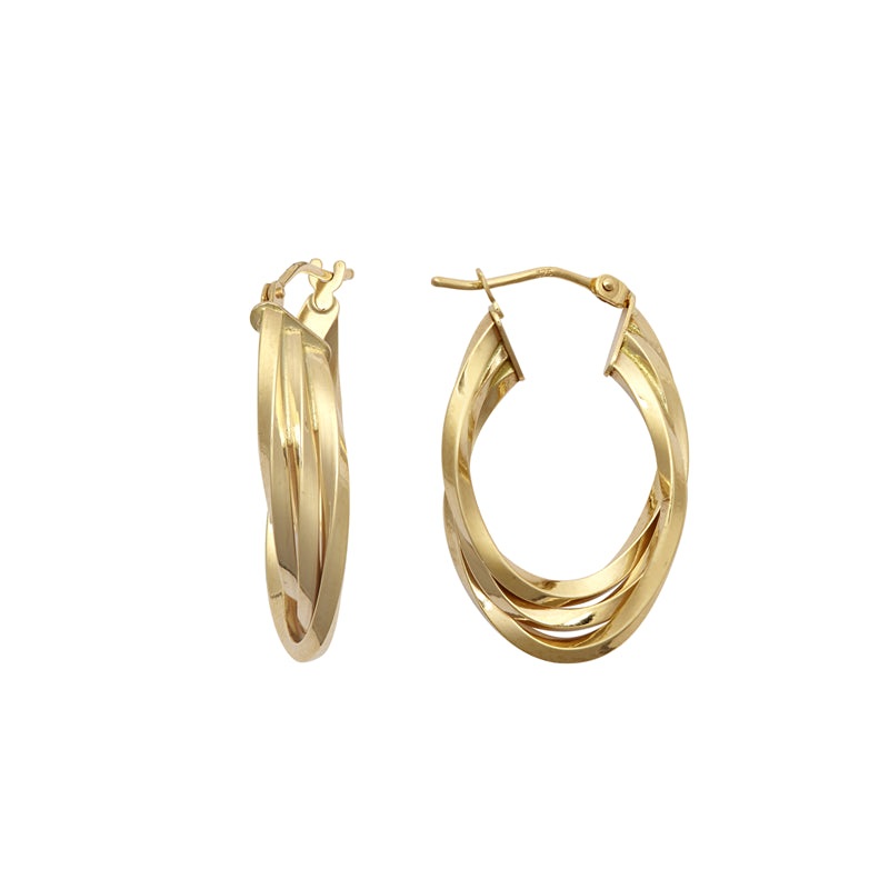 New 9ct Gold Three Layer Polished Oval Hoop Earrings