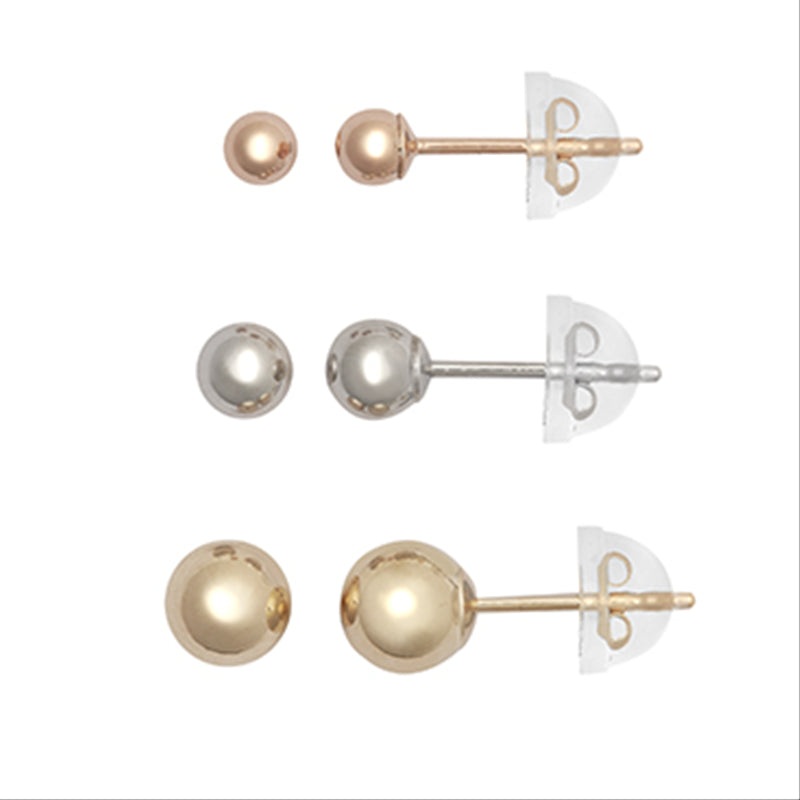 New 9ct Tri-Colour Gold 3 Pair 3, 4 & 5mm Ball Earring Set