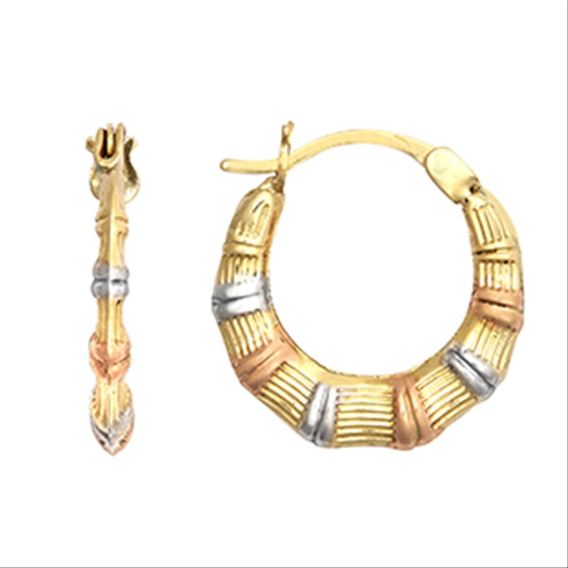New 9ct Tri-Colour Gold Bamboo Creole Earrings