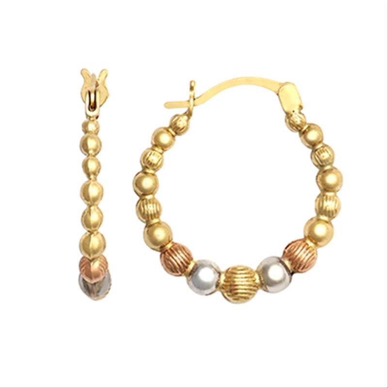 New 9ct Tri-Colour Gold Beaded Creole Earrings