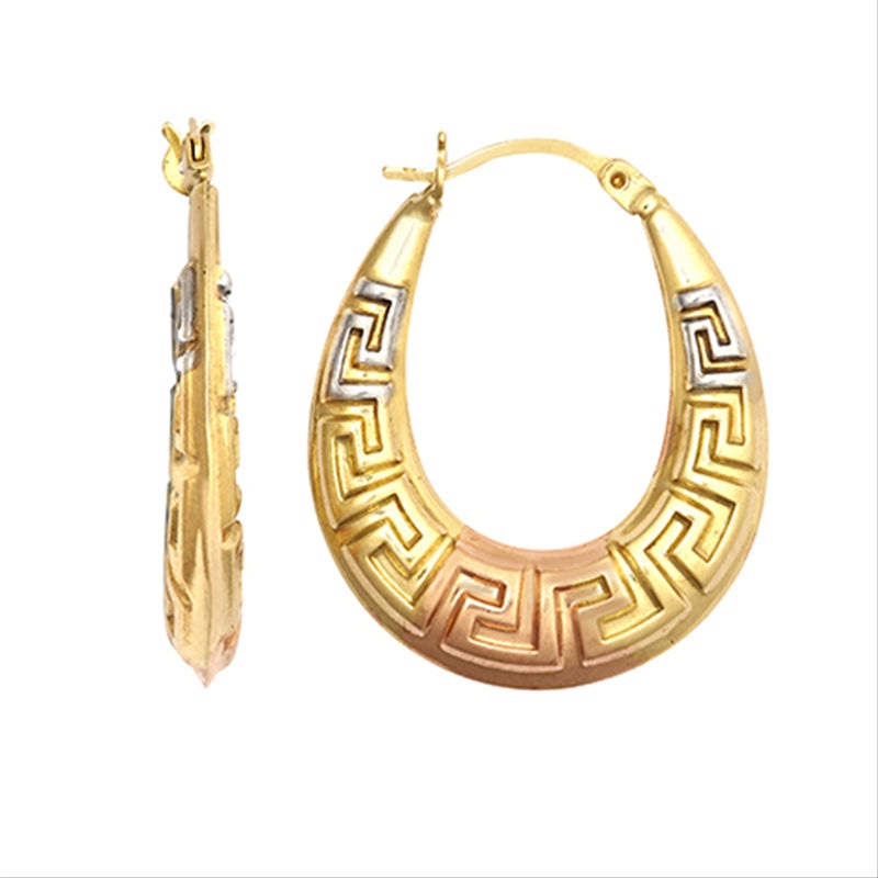 New 9ct Tri-Colour Gold Greek Key Creole Earrings