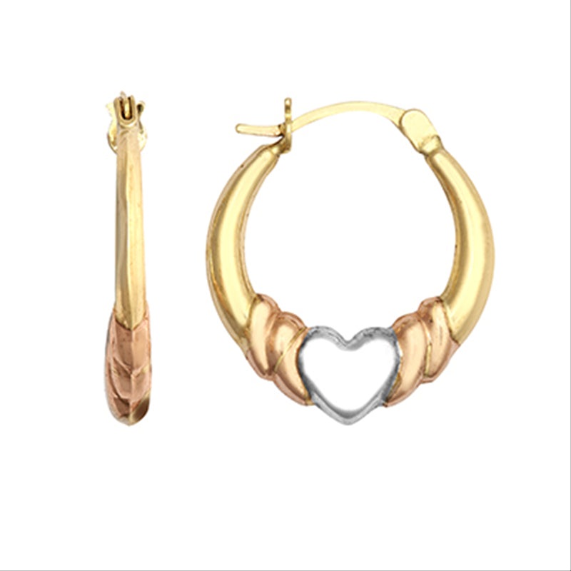 New 9ct Tri-Colour Gold Heart Creole Earrings