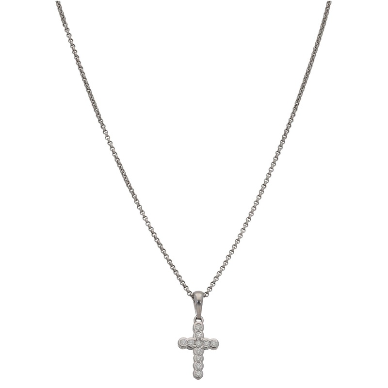 18ct White Gold 0.03ct Diamond Cross Pendant With Chain