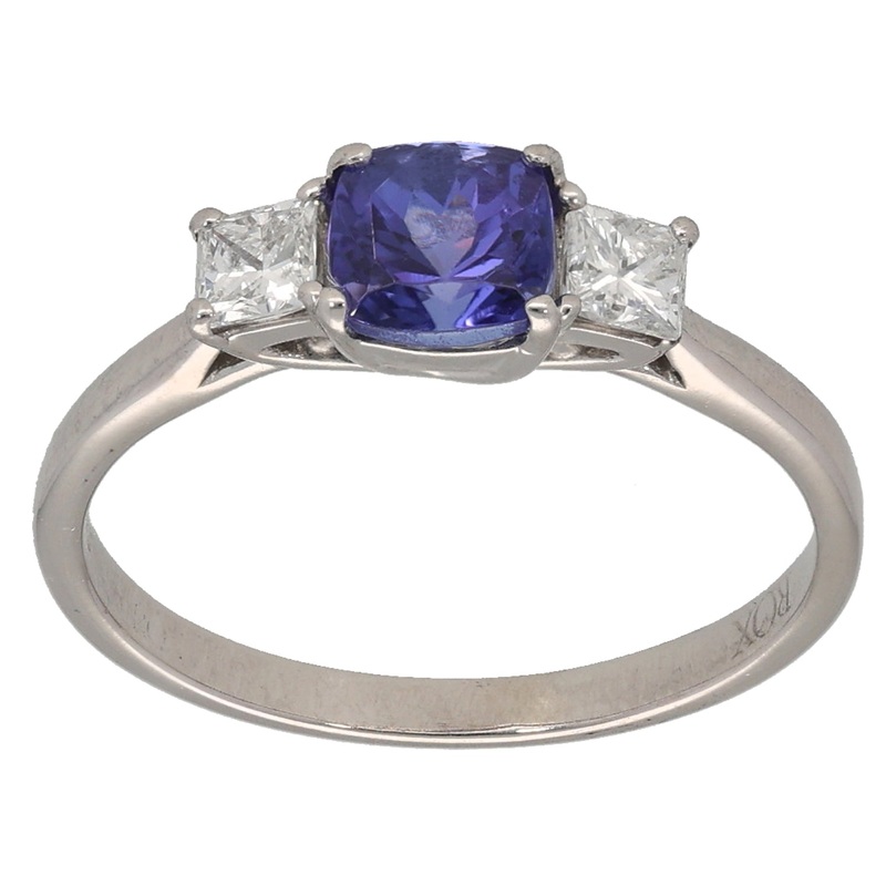 18ct White Gold Tanzanite & 0.20ct Diamond Three Stone Ring Size L