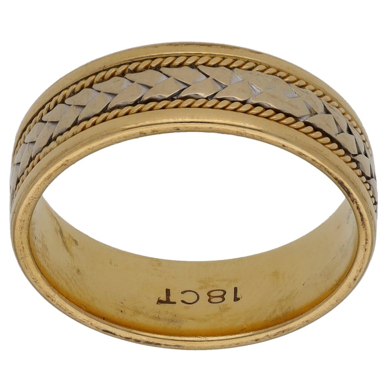 18ct Bi-Colour Gold Patterned Wedding Ring Size P