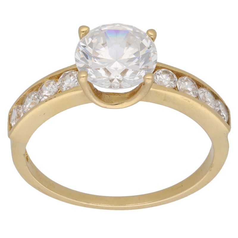 14ct Gold Cubic Zirconia Single Stone Ring with Accent Stones Size R