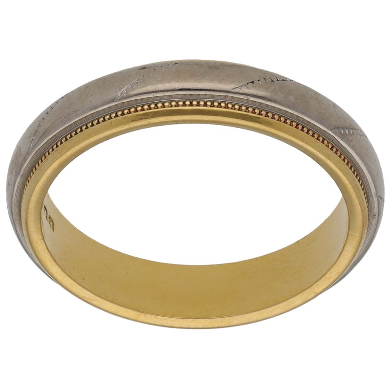 18ct Bi-Colour Gold Patterned Wedding Ring Size Q