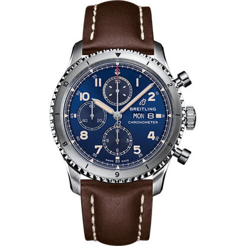 Breitling Aviator 8 Chronograph 43 Watch – Stainless Steel – Blue Dial – Brown Calfskin Leather Strap – Tang Buckle – A13316101C1X2