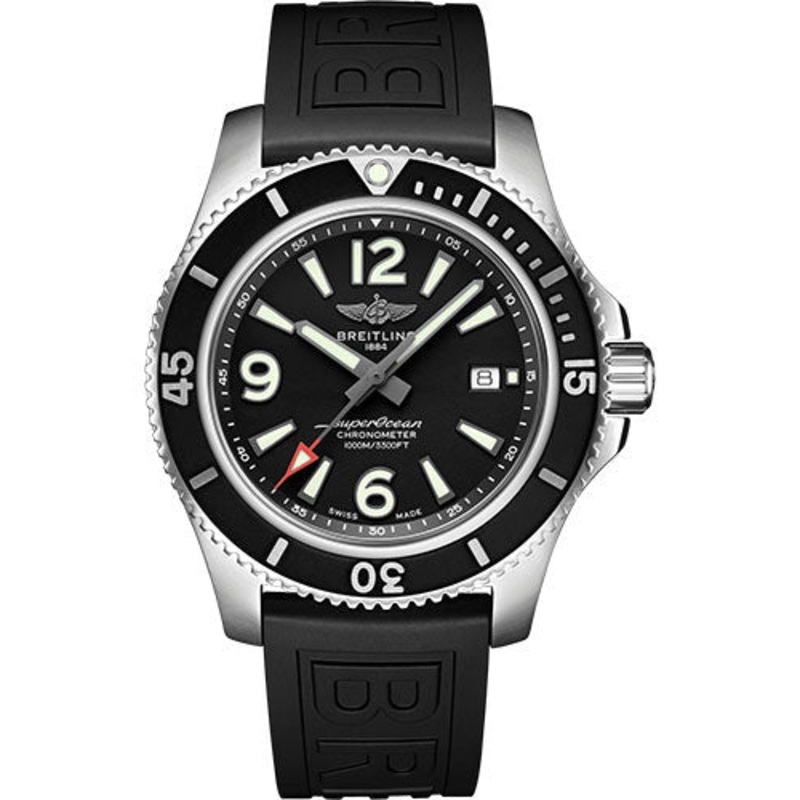Breitling Superocean Automatic 44 Watch – Steel – Black Dial – Black Diver Pro III Strap – Tang Buckle – A17367D71B1S1