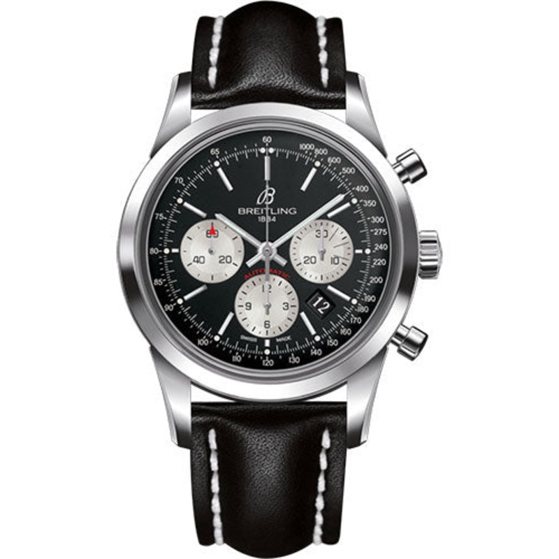 Breitling Transocean Chronograph Watch – Steel – Black Dial – Black Leather Strap – Tang Buckle – AB015212/BF26/435X/A20BA.1