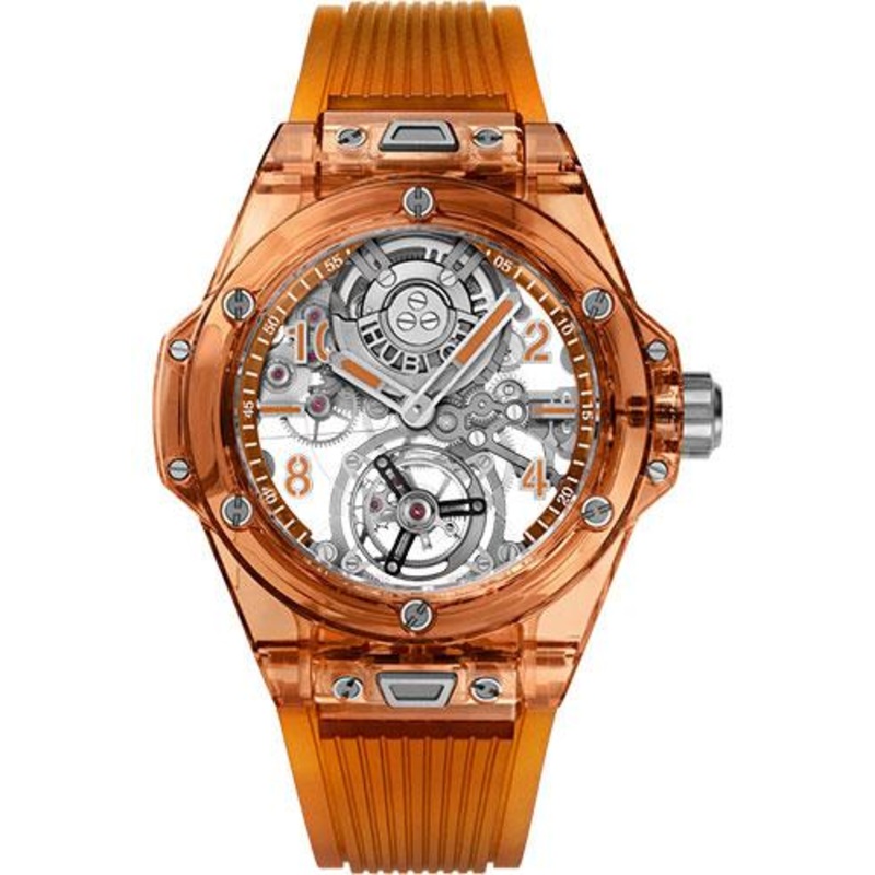 Hublot Big Bang Tourbillon Automatic Orange Sapphire Watch – 45 mm – Sapphire Dial – Transparent Orange Rubber Strap-419.JO.0120.RT